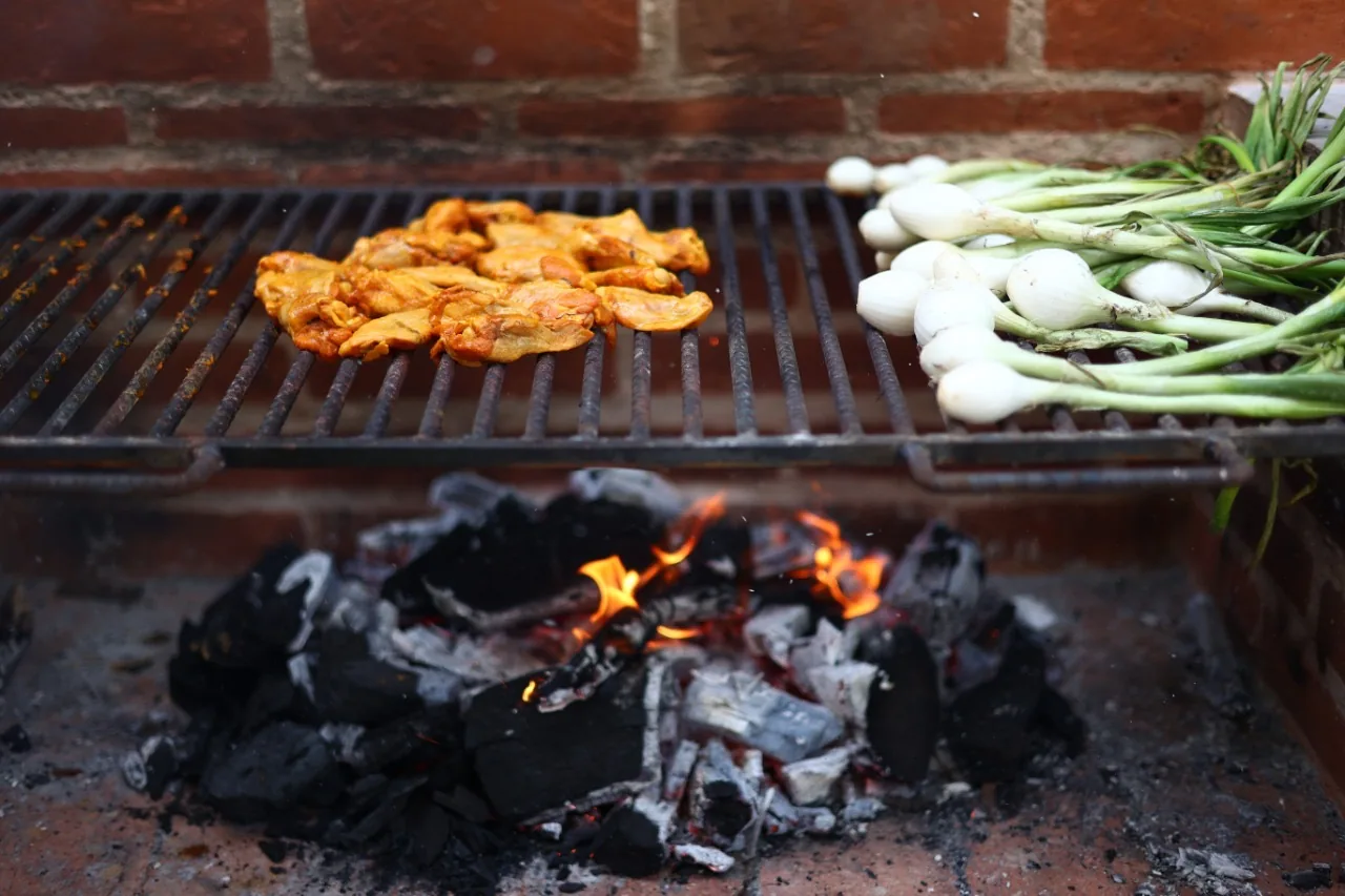 Chicken and spring onions on the charcoal grill